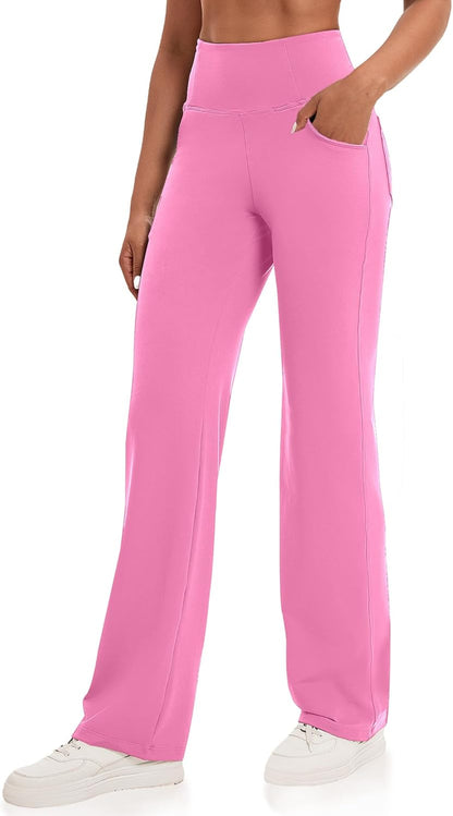VOOVEEYA Yogahosen für Damen mit Taschen, gerade geschnittene Hose mit weitem Bein, hochtaillierte Business-Hose, petite/regulär//lang