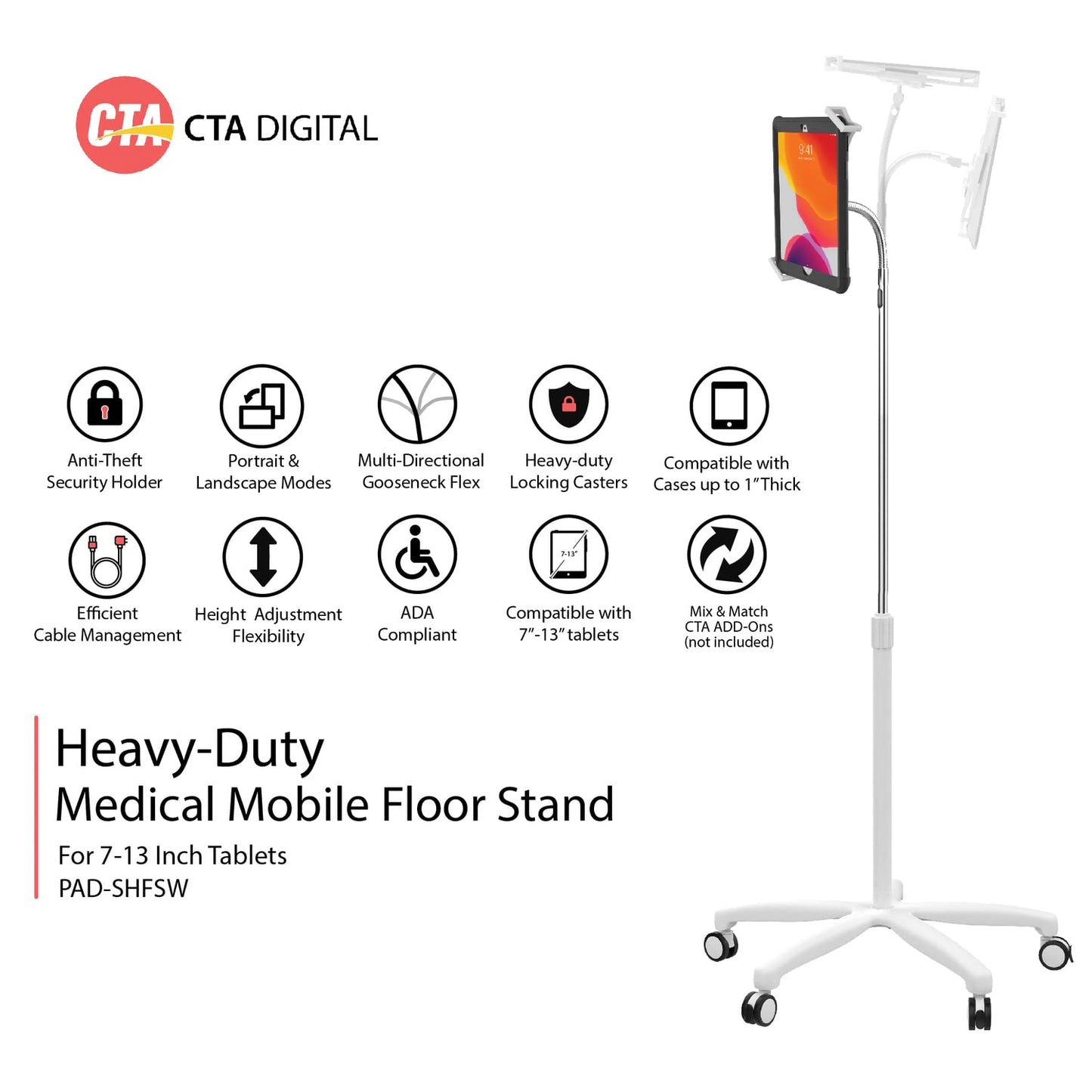Medical Mobile Stand – CTA Medical Mobile Floor Stand for iPad 7/8/9 Gen 10.2”, 12.9” iPad Pro, 11” iPad Pro, iPad mini, iPad Air 4, Surface Pro X, and Other 7-13" Tablet - White