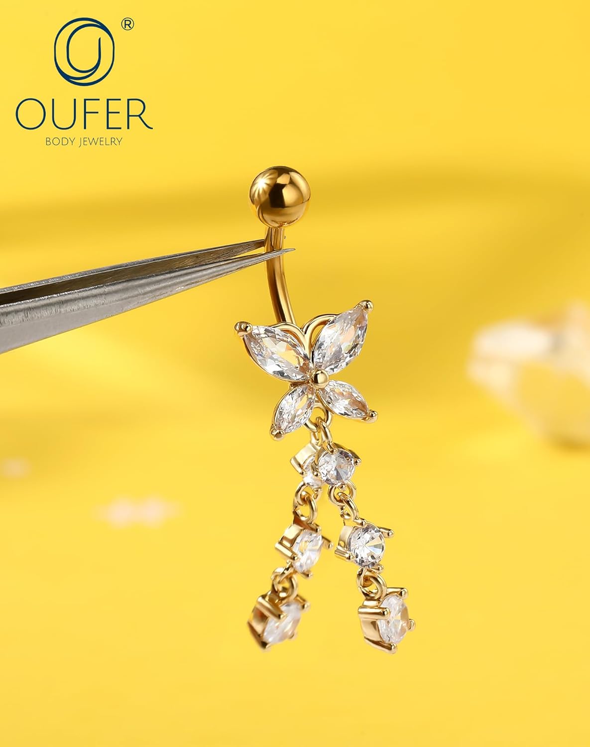 OUFER 5x Bauchnabelpiercings baumelnd – 14G Chirurgischer Stahl Bauchnabelpiercing, Hypoallergener Bauchnabelring mit Zirkonia Schmetterling Blume Tropfen Langhantel für Strand, Festival, Fitnessstudio