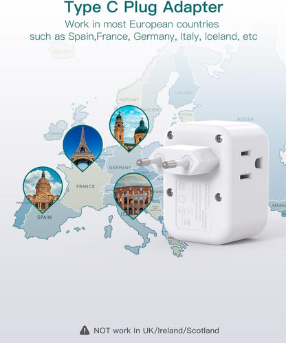 [2 Pack] European Travel Plug Adapter, International Power Plug Adapter with 3 Outlets 3 USB Charging Ports(2 USB C), Travel Essentials to Italy,Greece,Israel,France, Spain (Type C)