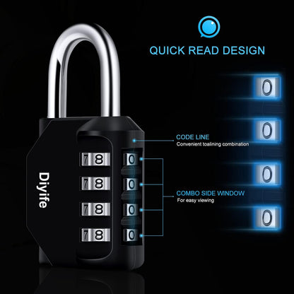 Combination Padlock, Diyife 4 Digit Locker Lock Weatherproof Lock Outdoor Combination Lock for School Gym Locker,Toolbox, Fence, Hasp, Cabinet(Black)
