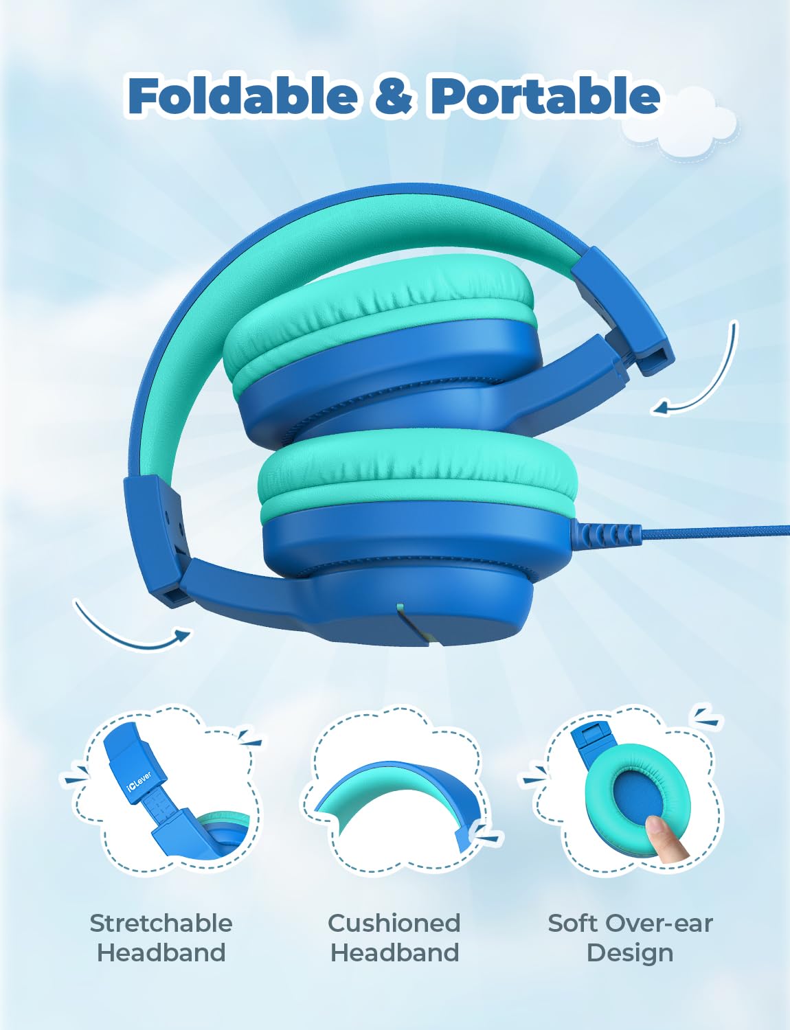 iClever Kinderkopfhörer für Schule und Reisen, sichere Lautstärkebegrenzung, HD-Mikrofon, Stereo-Sound Over-Ear-Kopfhörer für Mädchen und Jungen, FunShare Faltbar, 3,5 mm kabelgebunden für iPad Computer, HS19