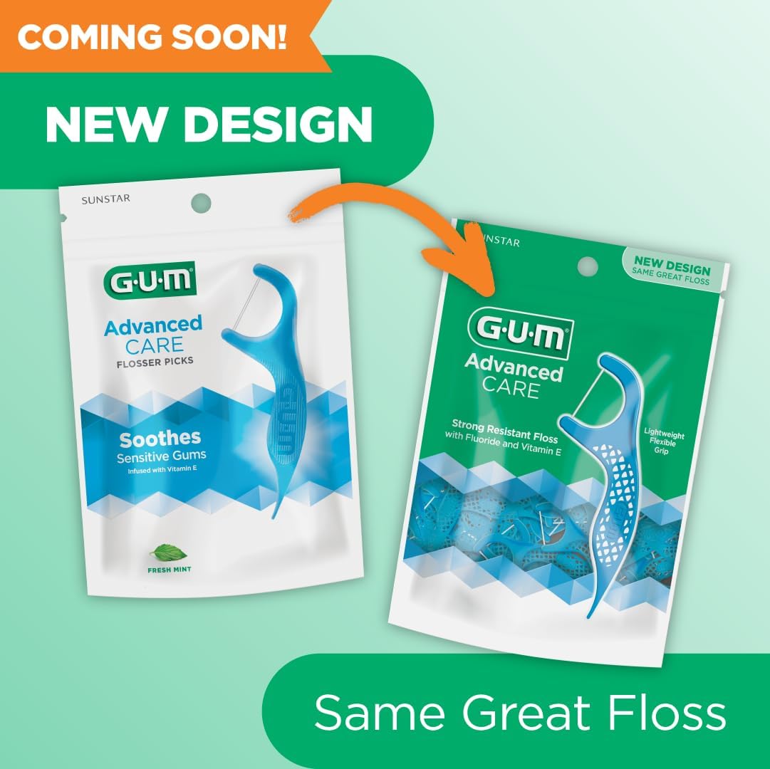 GUM Advanced Care Flosser Picks, Infused with Vitamin E & Fluroide, Fresh Mint Flavour, Blue, 150 Flossers (1 Bag)