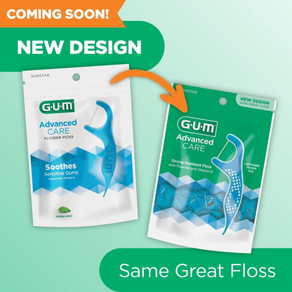 GUM Advanced Care Flosser Picks, Infused with Vitamin E & Fluroide, Fresh Mint Flavour, Blue, 150 Flossers (1 Bag)