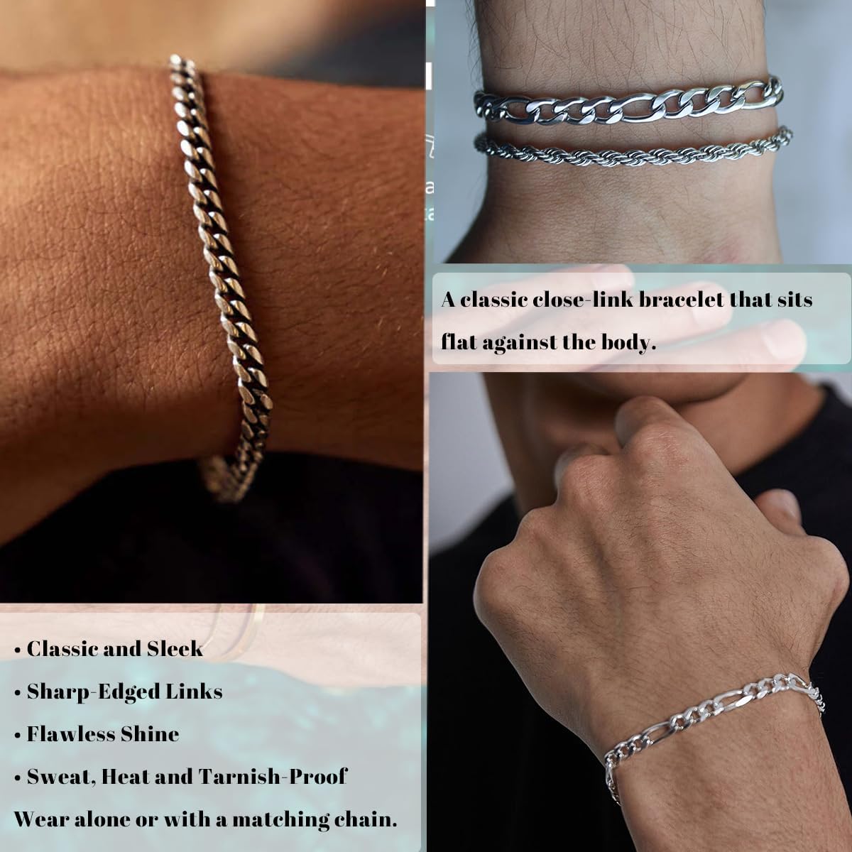 3 Stück Herren Silber Armbänder, robustes Curb Edelstahl Breite Schlangenkette Figaro Cuban Armband Set 7/7.8+1.2 Zoll verstellbares Stapel-Silberkettenarmband für Männer