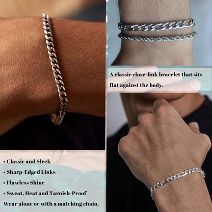 3 Stück Herren Silber Armbänder, robustes Curb Edelstahl Breite Schlangenkette Figaro Cuban Armband Set 7/7.8+1.2 Zoll verstellbares Stapel-Silberkettenarmband für Männer
