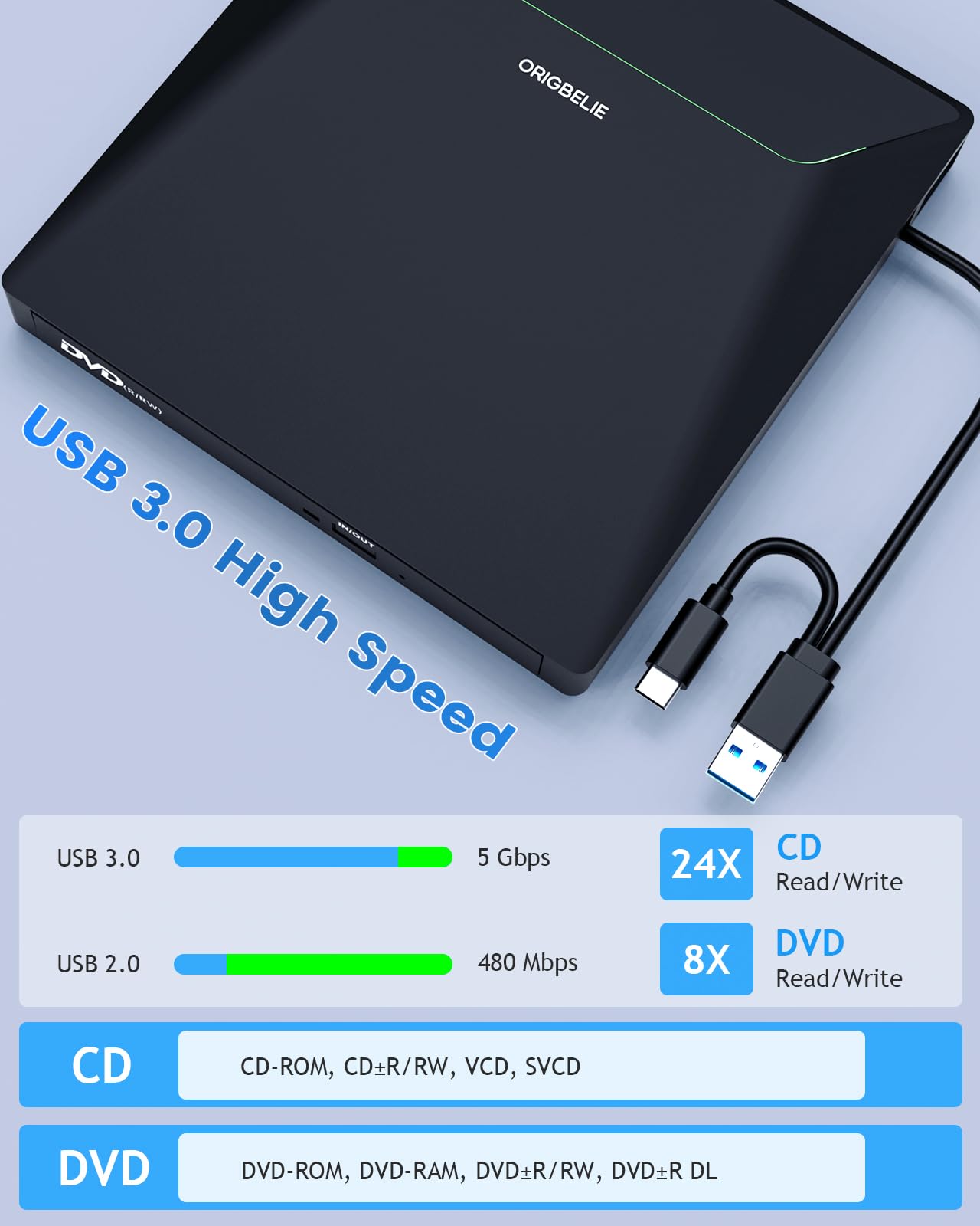ORIGBELIE externes DVD-Laufwerk, CD-Laufwerk USB 3.0 Typ-C CD/DVD ROM +/-RW Adapter mit USB-Anschluss DVD-Brenner für Laptop, PC, Desktop-Computer, optisches Laufwerk CD-Player kompatibel mit Mac Windows Linux