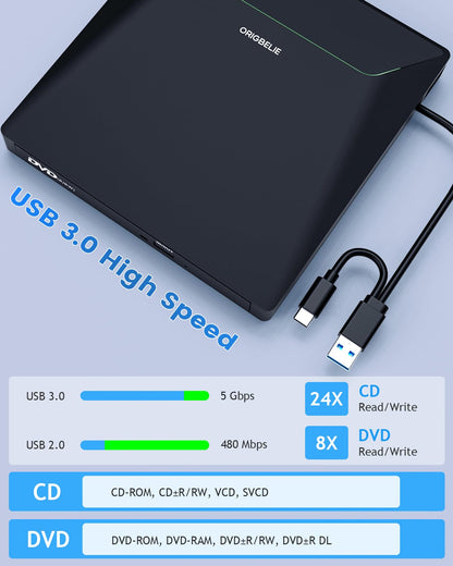 ORIGBELIE externes DVD-Laufwerk, CD-Laufwerk USB 3.0 Typ-C CD/DVD ROM +/-RW Adapter mit USB-Anschluss DVD-Brenner für Laptop, PC, Desktop-Computer, optisches Laufwerk CD-Player kompatibel mit Mac Windows Linux