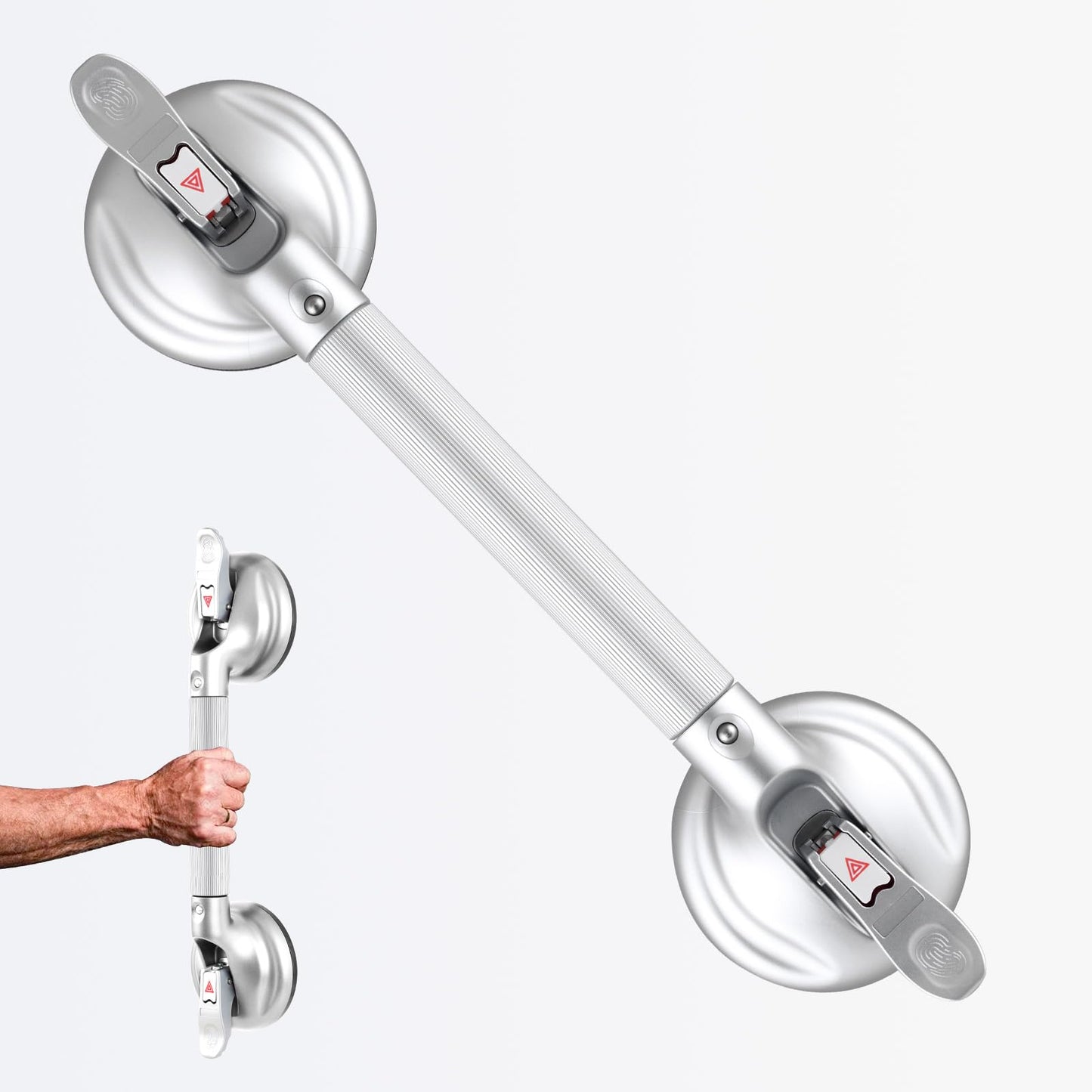15-Inch Shower Handle - Upgraded Grab Bar with Strong Suction Cups for Bathtub & Shower Safety, Ideal for Seniors, Elderly, Disabled -Silver