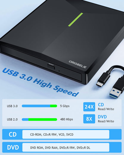 ORIGBELIE externes DVD-Laufwerk, CD-Laufwerk USB 3.0 Typ-C CD/DVD ROM +/-RW Adapter mit USB-Anschluss DVD-Brenner für Laptop, PC, Desktop-Computer, optisches Laufwerk CD-Player kompatibel mit Mac Windows Linux