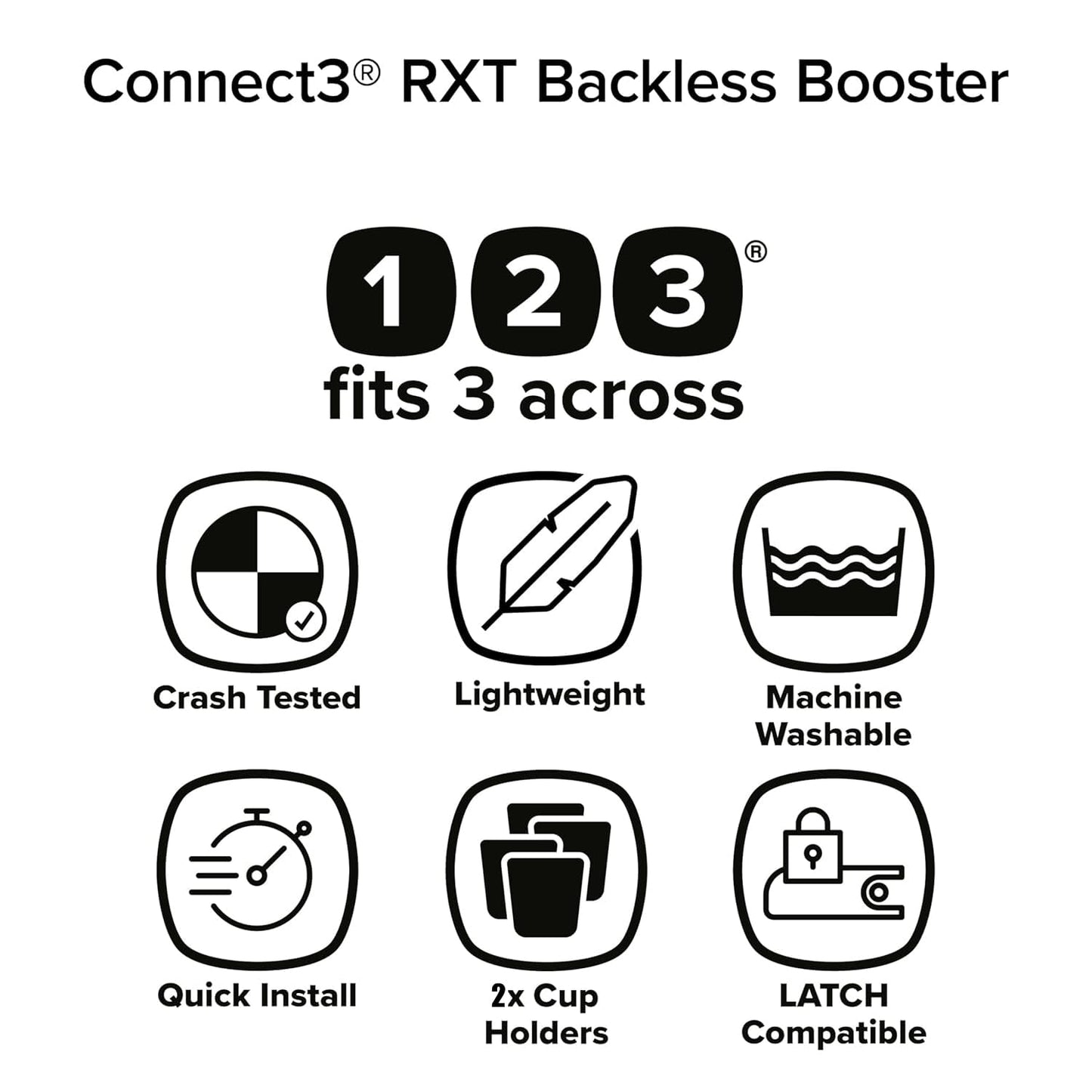 Diono Connect3 RXT Backless Booster, Slim Fit 3-Across in Many Mid-Sized Sedans and SUVs, for Children from 40-120 lbs., Lightweight with Latch connectors