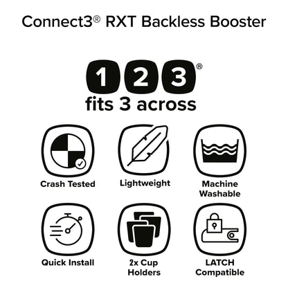 Diono Connect3 RXT Backless Booster, Slim Fit 3-Across in Many Mid-Sized Sedans and SUVs, for Children from 40-120 lbs., Lightweight with Latch connectors