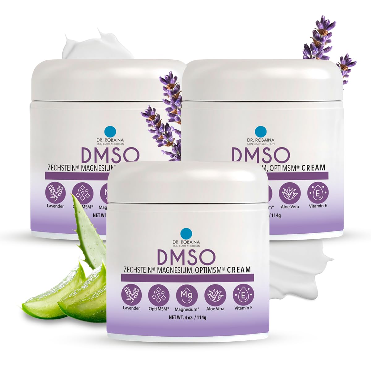 Dr. Robaina Lavender DMSO Cream - 99.9% Pure DMSO Pharmaceutical Grade | Formula with Zechstein Magnesium, Arnica, Aloe Vera, Vitamin E - 4 oz