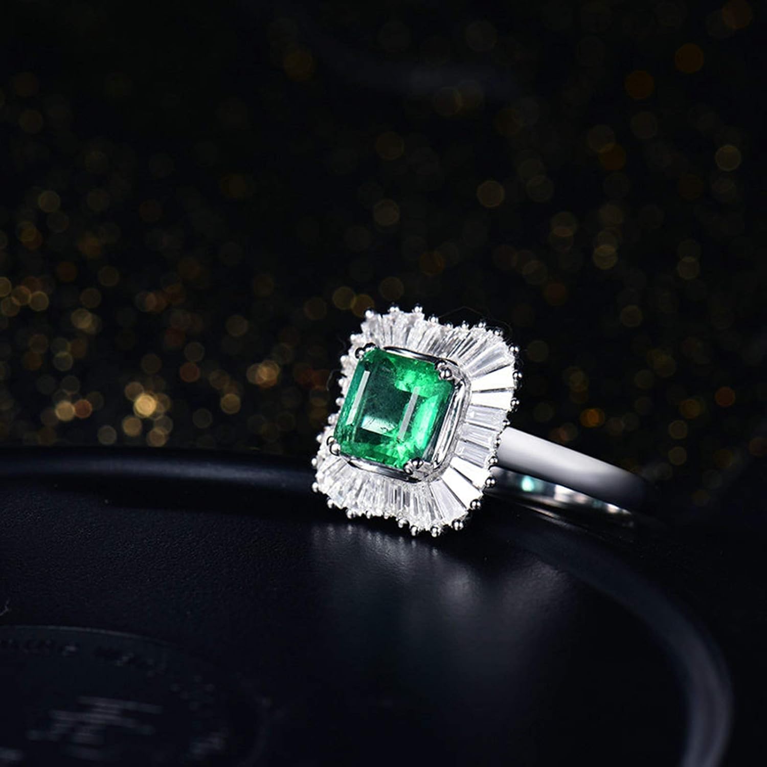 AmDxD White Gold Rings for Women, Anniversary Ring for Wife Halo Ring 1.5ct Emerald with 0.73ct Diamond Birthday Gifts | Valentine Gifts