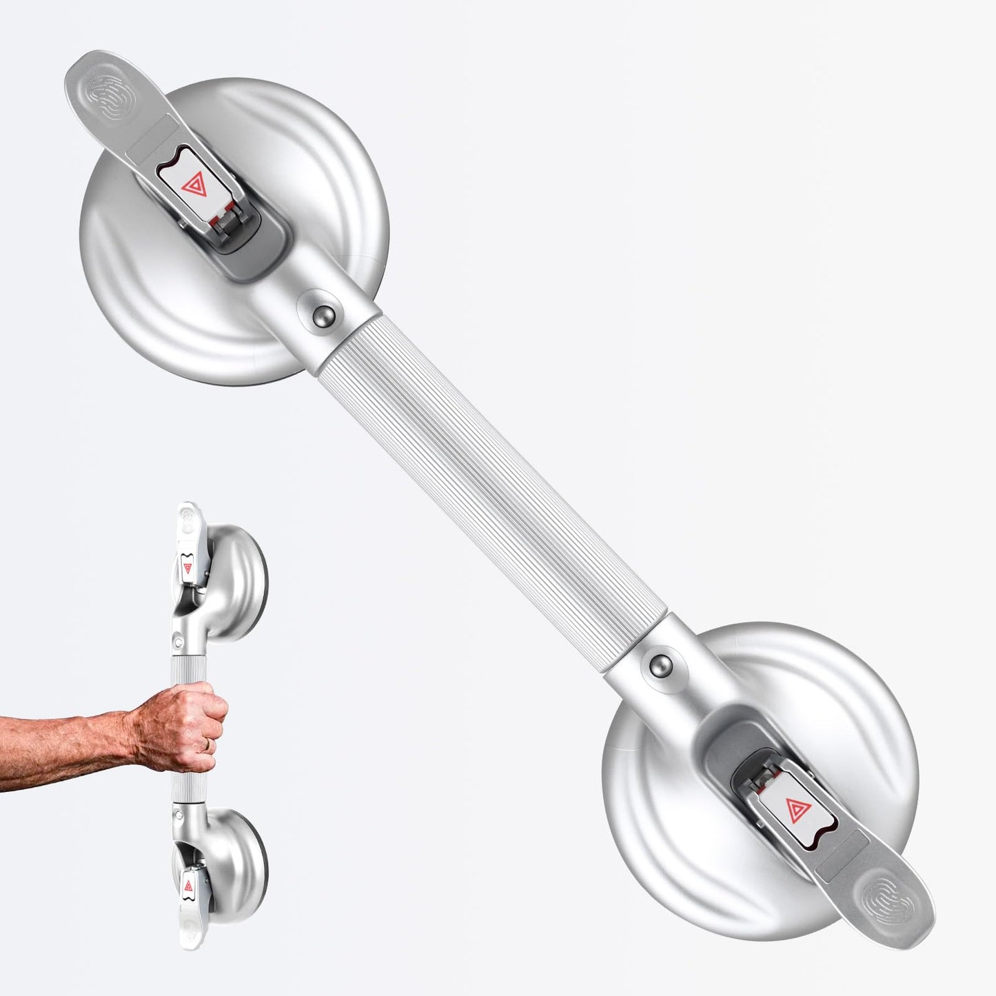 15-Inch Shower Handle - Upgraded Grab Bar with Strong Suction Cups for Bathtub & Shower Safety, Ideal for Seniors, Elderly, Disabled -Silver