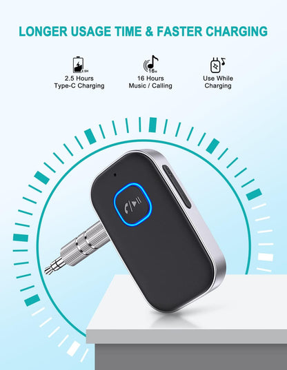 WOCBUY Bluetooth Auto Adapter, WOCBUY 3.5mm AUX Bluetooth Empfänger für Musik-Streaming, kabelloser Musik Audio Adapter mit integriertem Mikrofon, für Heim Stereoanlagen, Lautsprecher (Freisprecheinrichtung, 16 Std. Spielzeit)