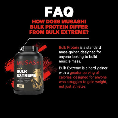 Musashi Bulk Extreme Protein Powder, Vanilla, Muscle Builder Formula, High Protein Supplement, Mass & Strength Support, Post-Workout Nutrition, 2kg