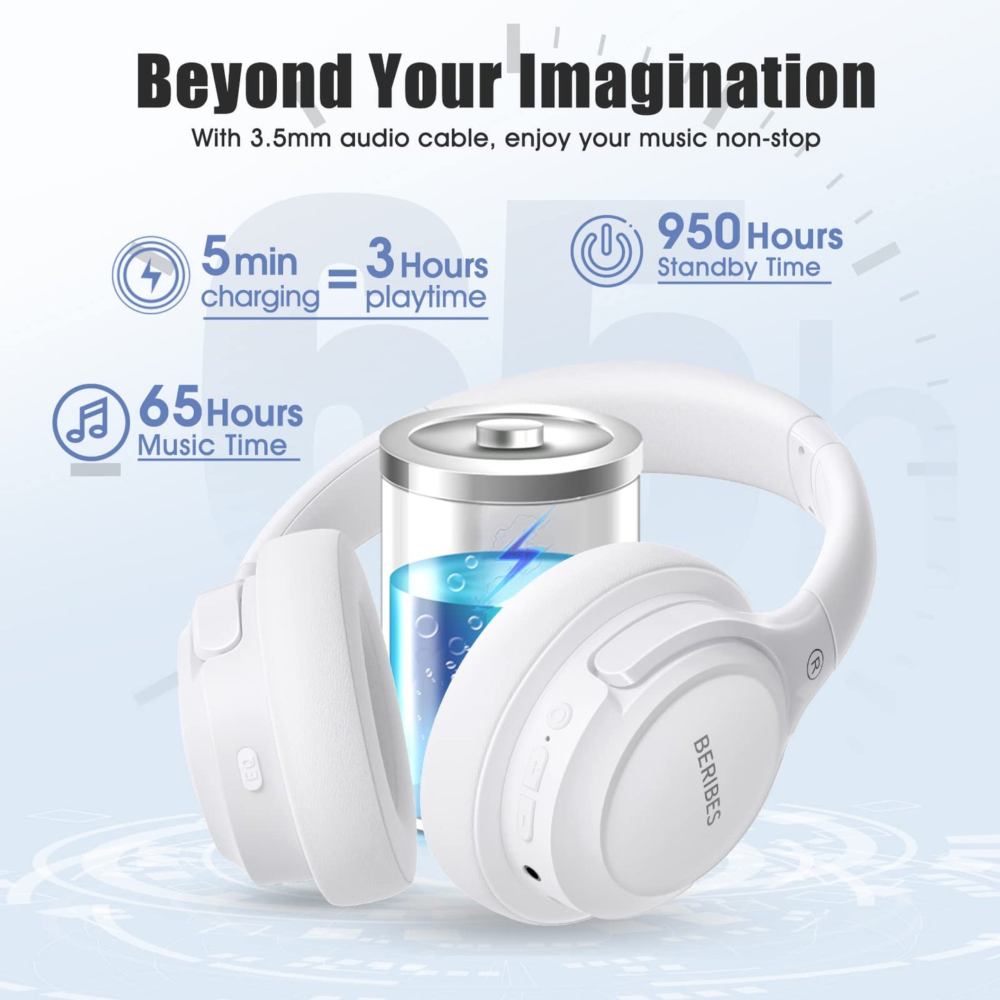 Auriculares Bluetooth BERIBES de diadema, 65H de reproducción y 6 modos de ecualización Auriculares inalámbricos con micrófono, auriculares plegables ligeros HiFi estéreo, graves profundos para oficina en casa, teléfono móvil, PC, etc.