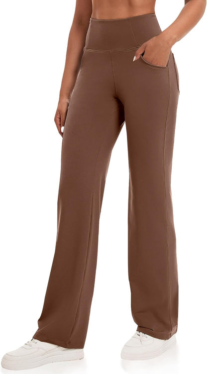 VOOVEEYA Yogahosen für Damen mit Taschen, gerade geschnittene Hose mit weitem Bein, hochtaillierte Business-Hose, petite/regulär//lang