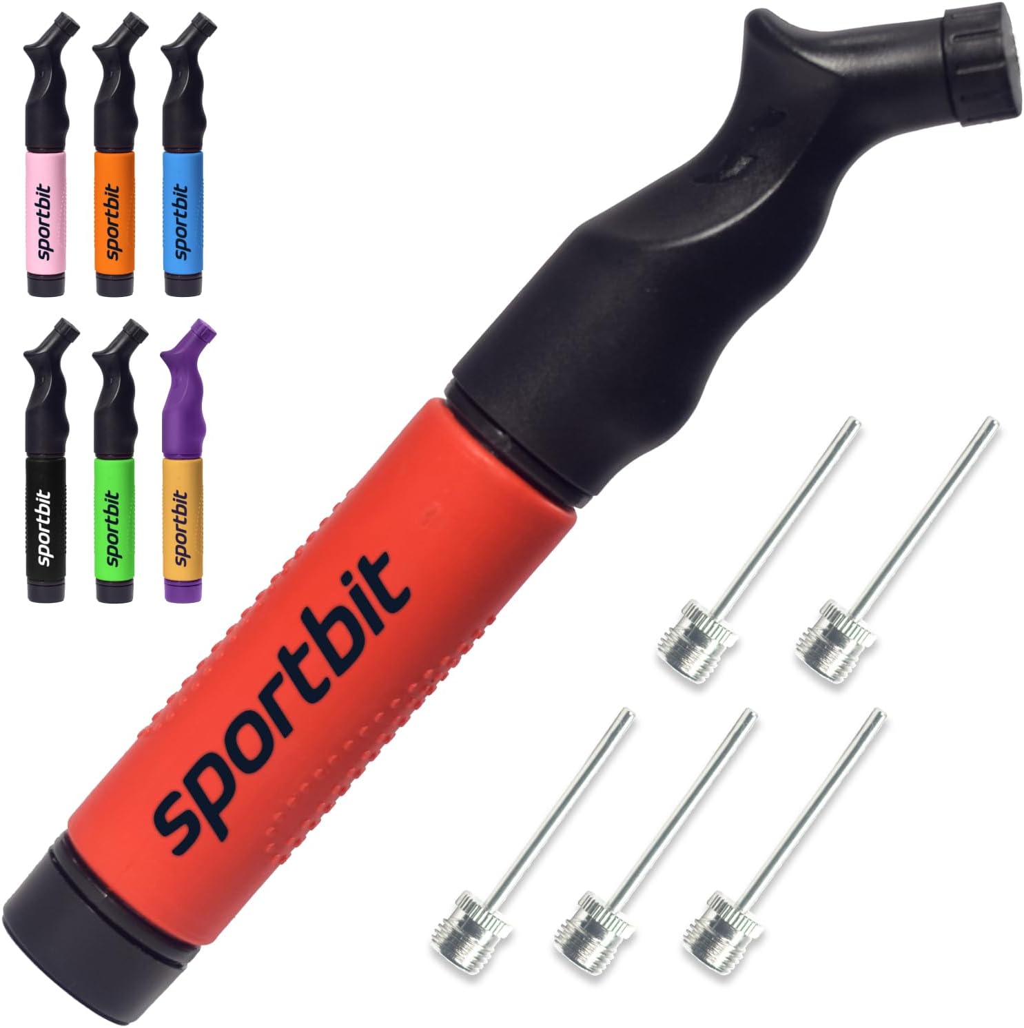 SPORTBIT Ball Pump for Sports Balls - Basketball Pump, Volleyball Pump, Football & Soccer Ball Air Pump - Hand Pump for All Sport Balls - Push & Pull Inflating System - Goes with 5 Needles Set