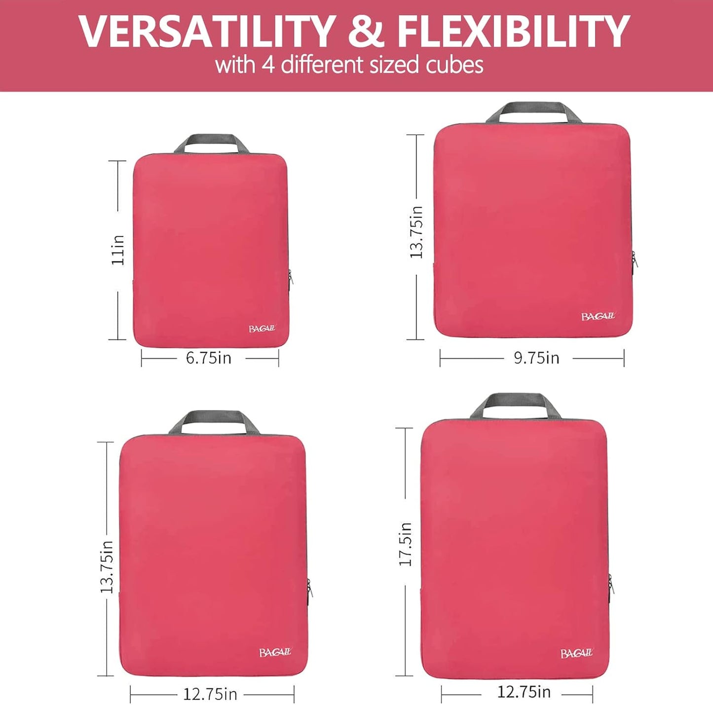 BAGAIL 4er-Set Kompressions-Packwürfel Reise-erweiterbare Packorganizer (Schwarz, 4er-Set)