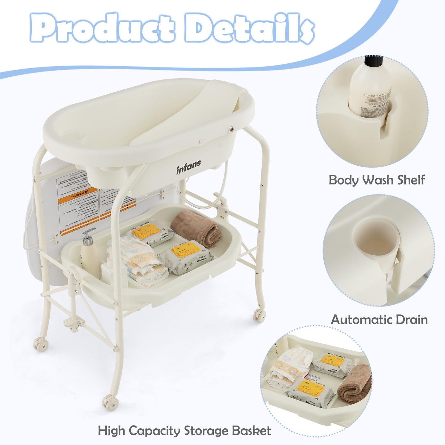 INFANS 2 in 1 Baby Changing Table with Bath Tub Unit, Folding Diaper Dresser Station with Wheels Waterproof Pad Storage Rack, Portable Nursery Organizer Stand for Newborn Infant