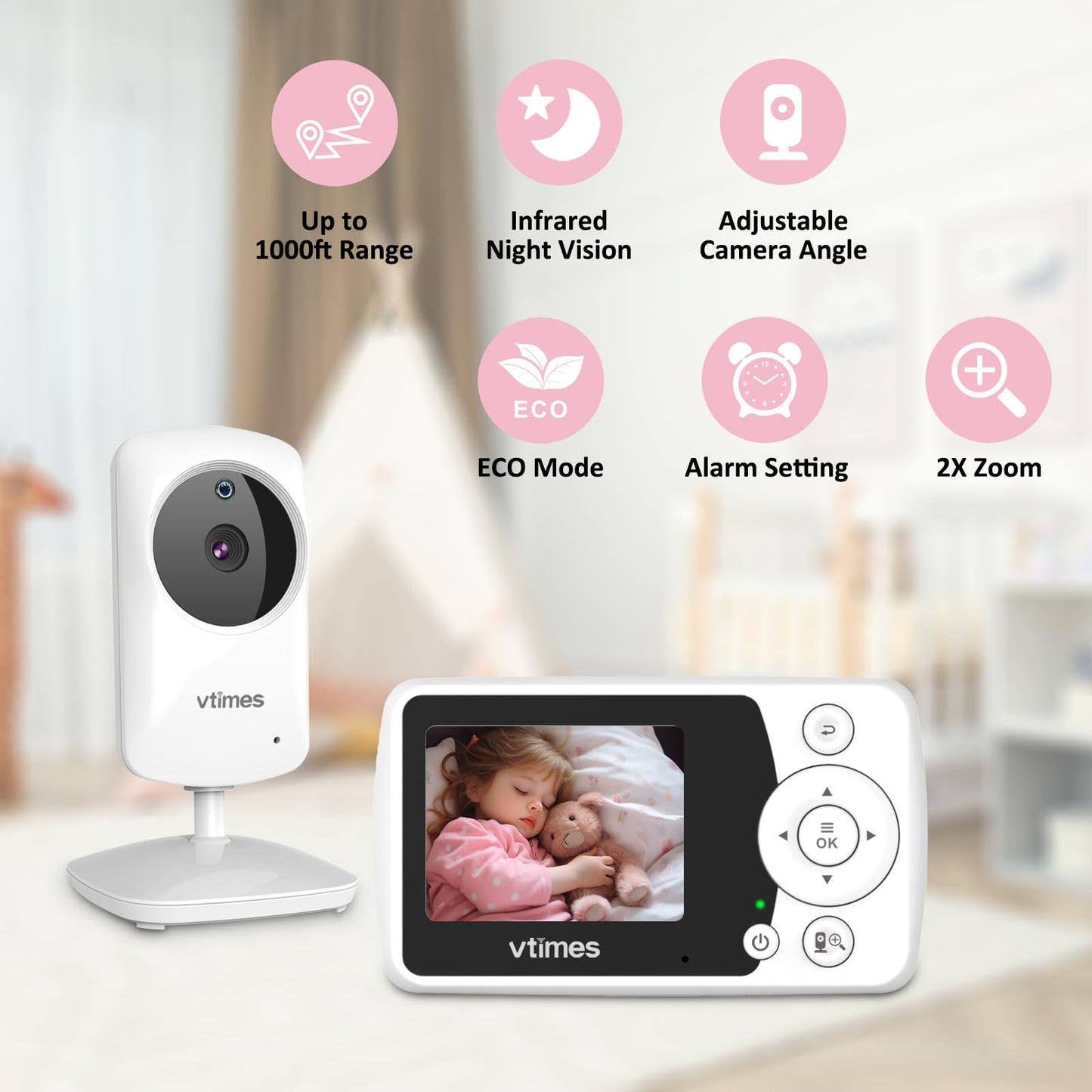 VTimes Baby Monitor with Camera and Audio, 6'' IPS Screen with 30-Hour Battery, Baby Monitor No WiFi Night Vision, ECO, 2-Way Audio, Pan-Tilt-Zoom, Baby Camera Monitor with 1000ft Range, Ideal Gift