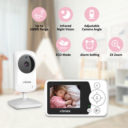 VTimes Baby Monitor with Camera and Audio, 6'' IPS Screen with 30-Hour Battery, Baby Monitor No WiFi Night Vision, ECO, 2-Way Audio, Pan-Tilt-Zoom, Baby Camera Monitor with 1000ft Range, Ideal Gift