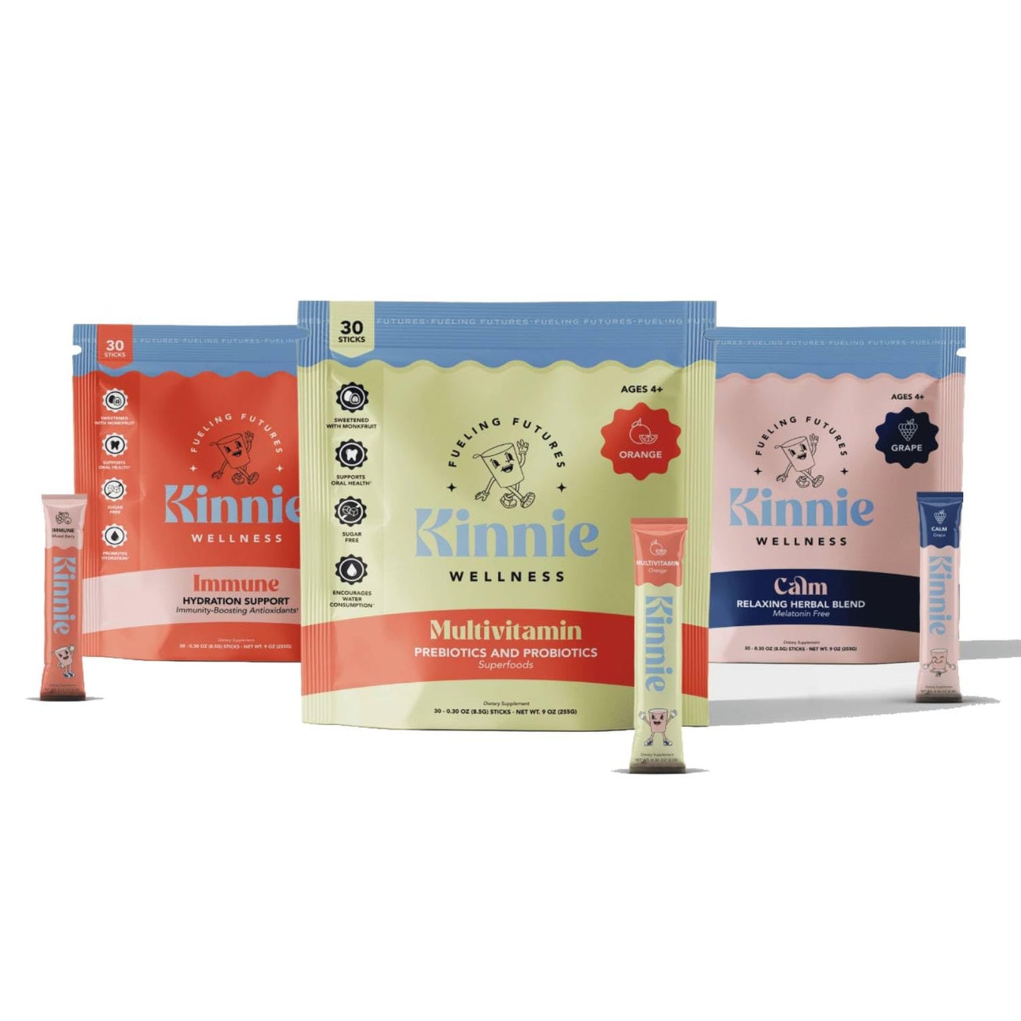Kinnie Fueling Futures Bundle Pack - Multivitamin, Calm, and Immune Hydration - Sugar-Free with Probiotics, Magnesium & Electrolytes - 90 Stick Packs