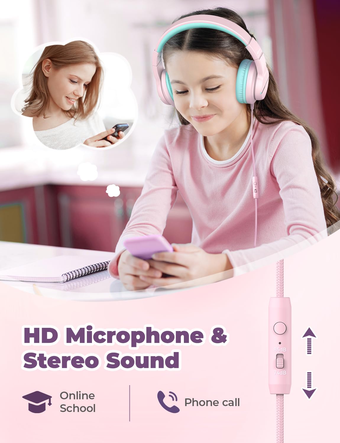 iClever Kinderkopfhörer für Schule und Reisen, sichere Lautstärkebegrenzung, HD-Mikrofon, Stereo-Sound Over-Ear-Kopfhörer für Mädchen und Jungen, FunShare Faltbar, 3,5 mm kabelgebunden für iPad Computer, HS19