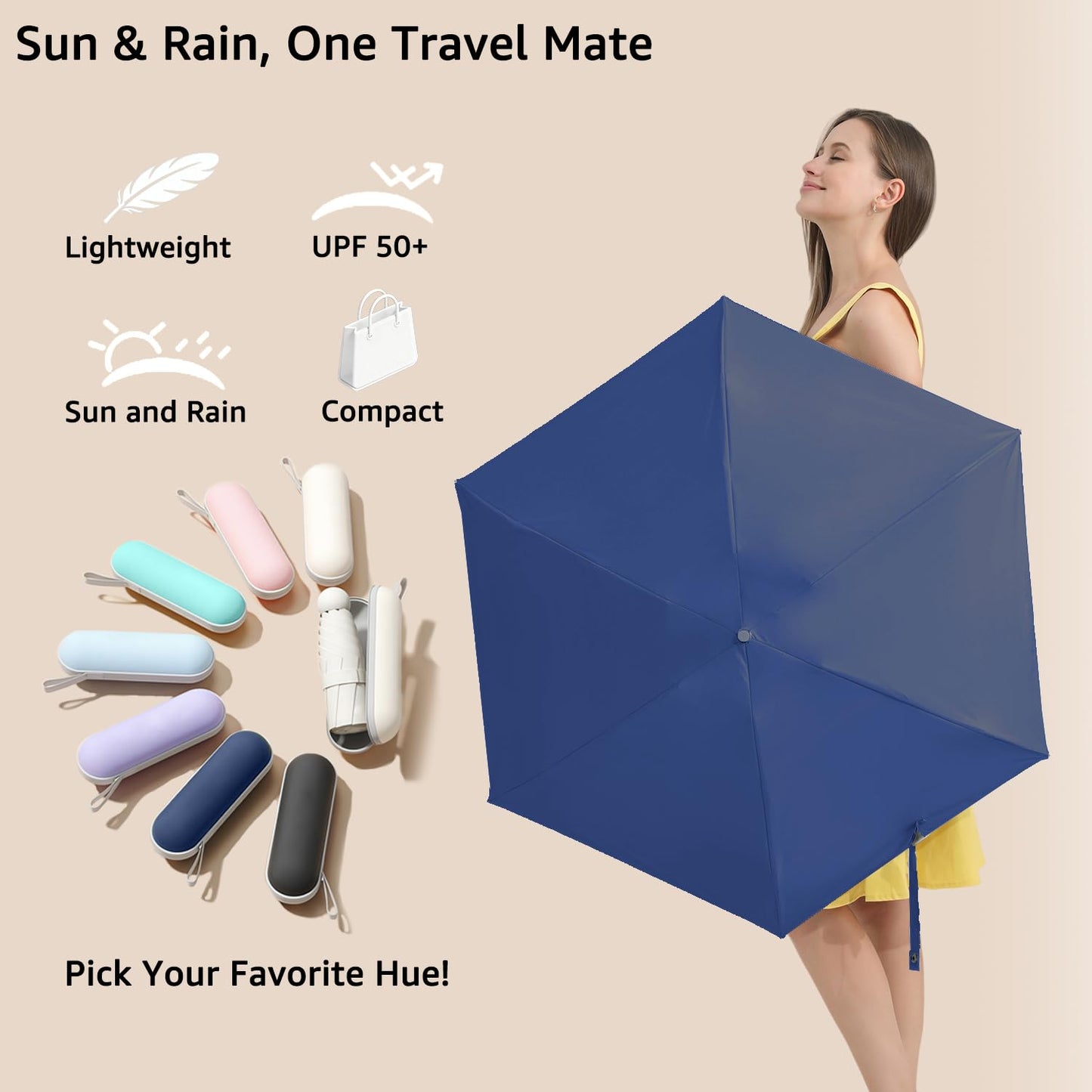 BAODINI Reiseutensilien Mini-Regenschirm für die Handtasche mit Etui Klein Kompakt UV-Sonnenschutz Leicht Winzig Tasche Manuelles Öffnen und Schließen Regenschirm für Damen, Kinder und Herren Passt in Handtasche Rucksack