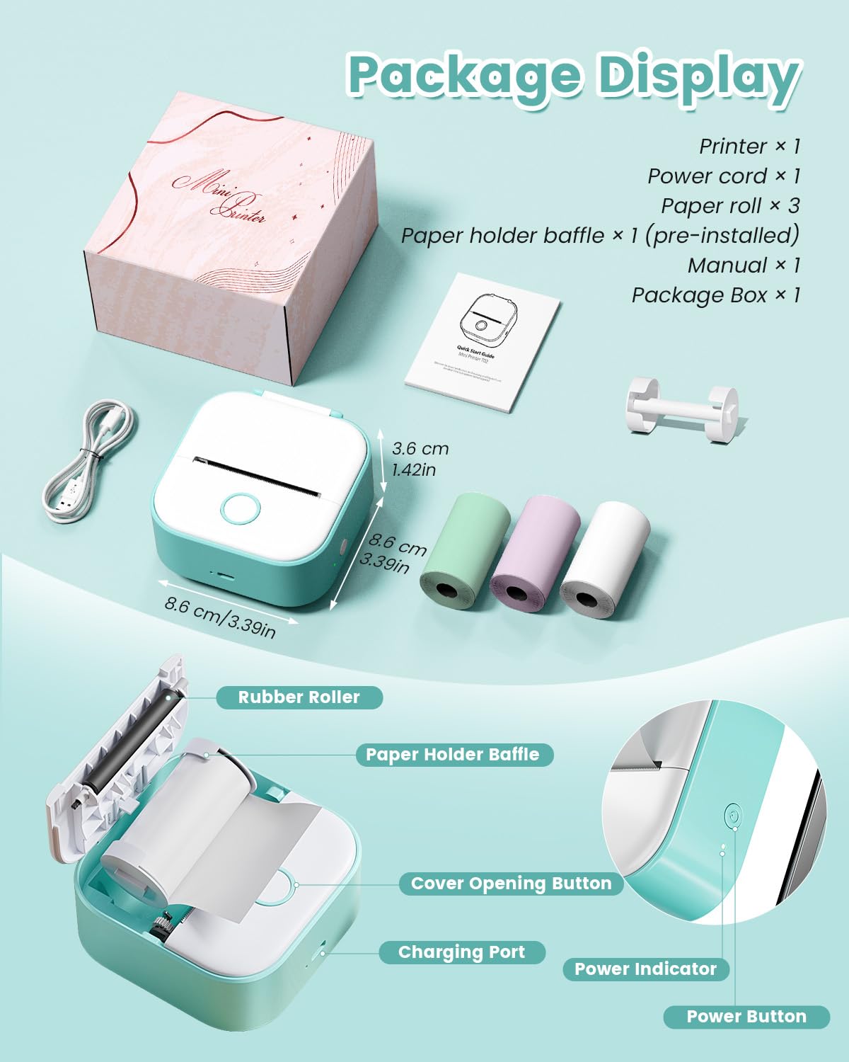 Memoking Mini-Drucker - T02 Aufkleberdrucker, Druckkapsel, tragbarer thermischer tintenloser Aufkleberhersteller, Bluetooth-Taschen-Minifotodrucker, Sofortdruck, Smart AI APP, für Studentenstudiennotizen, Tagebuch, Heimwerker, Geschenk