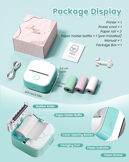 Memoking Mini-Drucker - T02 Aufkleberdrucker, Druckkapsel, tragbarer thermischer tintenloser Aufkleberhersteller, Bluetooth-Taschen-Minifotodrucker, Sofortdruck, Smart AI APP, für Studentenstudiennotizen, Tagebuch, Heimwerker, Geschenk