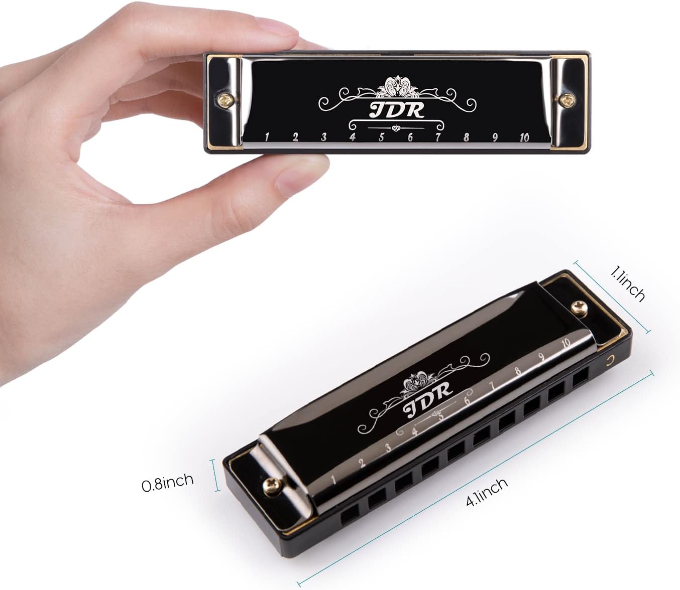 JDR Mundharmonika C, Blues-Mundharmonika in C, 10-Loch, 20 Töne mit Etui, Standard diatonisch für Anfänger, Erwachsene, Profis, Lehrer, Eltern, Schüler, Schwarz, Neujahrsgeschenk