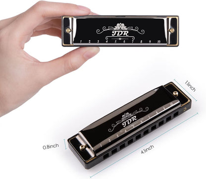 JDR Mundharmonika C, Blues-Mundharmonika in C, 10-Loch, 20 Töne mit Etui, Standard diatonisch für Anfänger, Erwachsene, Profis, Lehrer, Eltern, Schüler, Schwarz, Neujahrsgeschenk