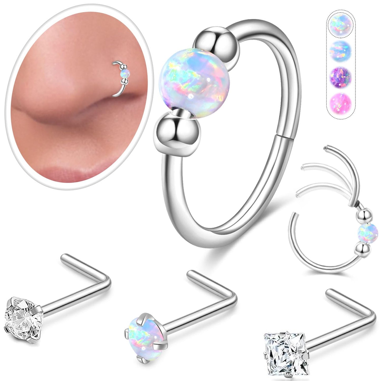 Opal Nose Ring Studs Horseshoe Nose Rings Hoops Stud 316L Stainless Steel Nose Rings Round CZ Square Screw L Shaped Nose Stud Hypoallergenic Nostril Piercing Jewelry for Women Men