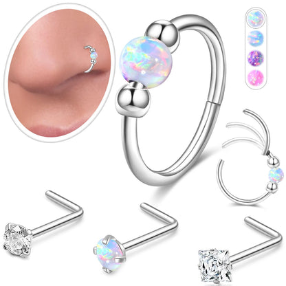 Opal Nose Ring Studs Horseshoe Nose Rings Hoops Stud 316L Stainless Steel Nose Rings Round CZ Square Screw L Shaped Nose Stud Hypoallergenic Nostril Piercing Jewelry for Women Men