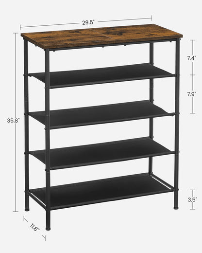 VASAGLE Shoe Rack, 4-Tier Shoe Storage Organizer for Entryway and Closet, Holds 9-12 Pairs of Shoes, 3 Fabric Shelves, Steel Frame, Industrial, Rustic Brown and Black ULBS035B01