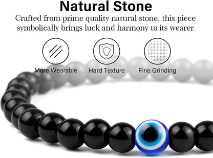 6 mm Böses Auge Armband aus schwarzen Kristallen – verstellbares Set aus Natursteinen für Herren und Damen, Schutzamulett als Geschenk für den Alltag/Geburtstag/Jahrestag