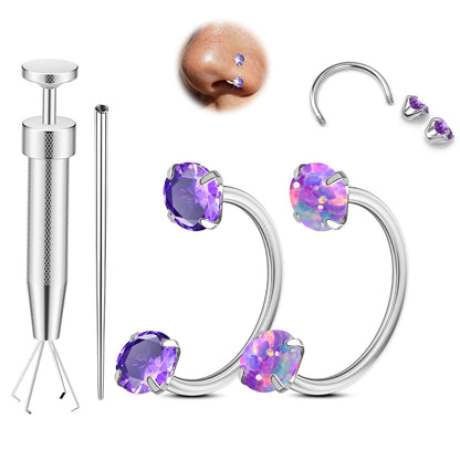 Opal Nose Ring Studs Horseshoe Nose Rings Hoops Stud 316L Stainless Steel Nose Rings Round CZ Square Screw L Shaped Nose Stud Hypoallergenic Nostril Piercing Jewelry for Women Men