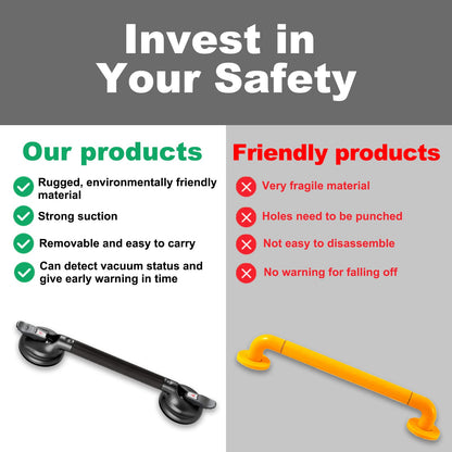 15-Inch Shower Handle - Upgraded Grab Bar with Strong Suction Cups for Bathtub & Shower Safety, Ideal for Seniors, Elderly, Disabled -Silver