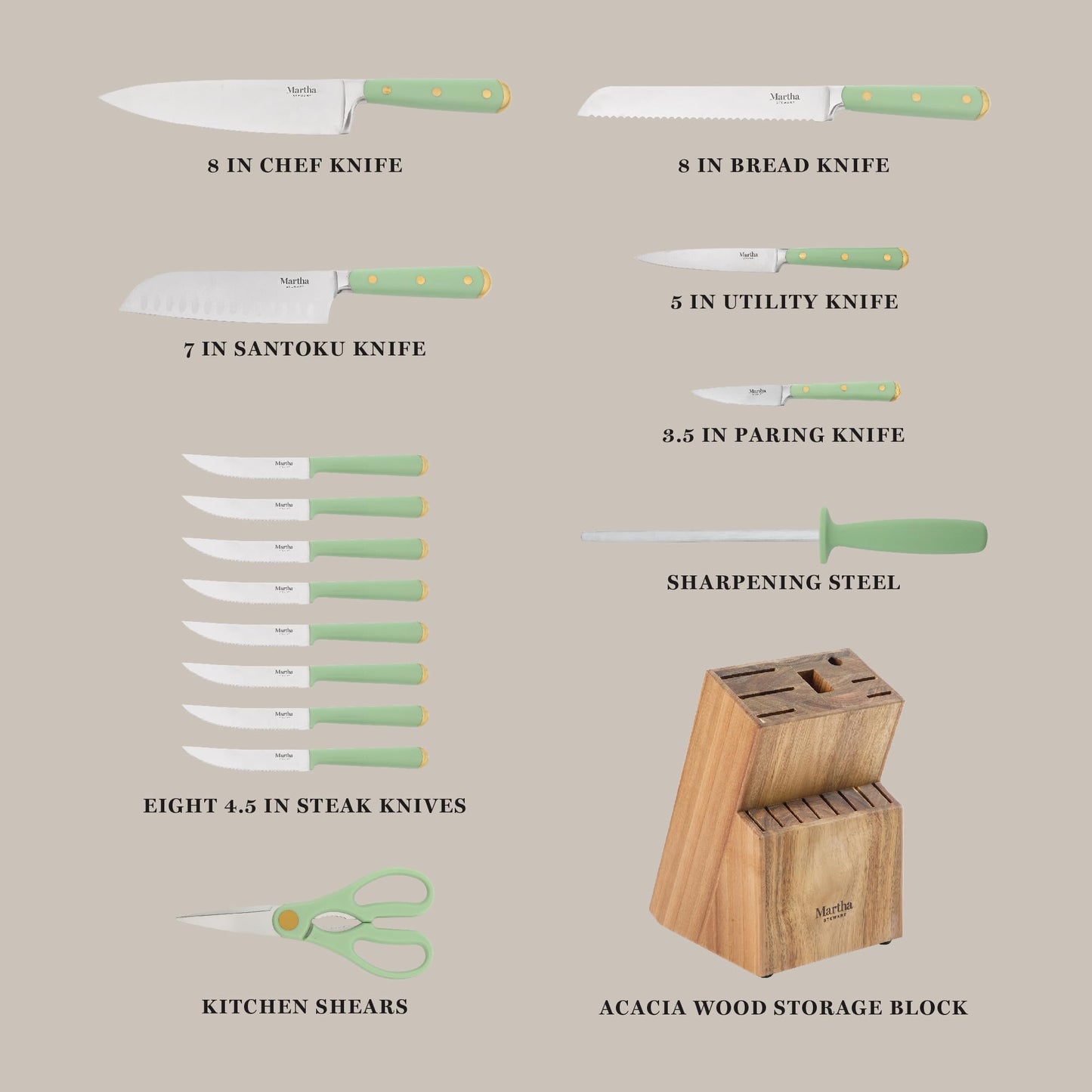 Martha Stewart Knife Block Set 16-Piece - Lockton High Carbon Stainless Steel Forged Full Tang Chef Knives, Acacia Wood Block, Triple Riveted Handles, Linen White & Gold
