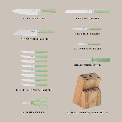 Martha Stewart Knife Block Set 16-Piece - Lockton High Carbon Stainless Steel Forged Full Tang Chef Knives, Acacia Wood Block, Triple Riveted Handles, Linen White & Gold
