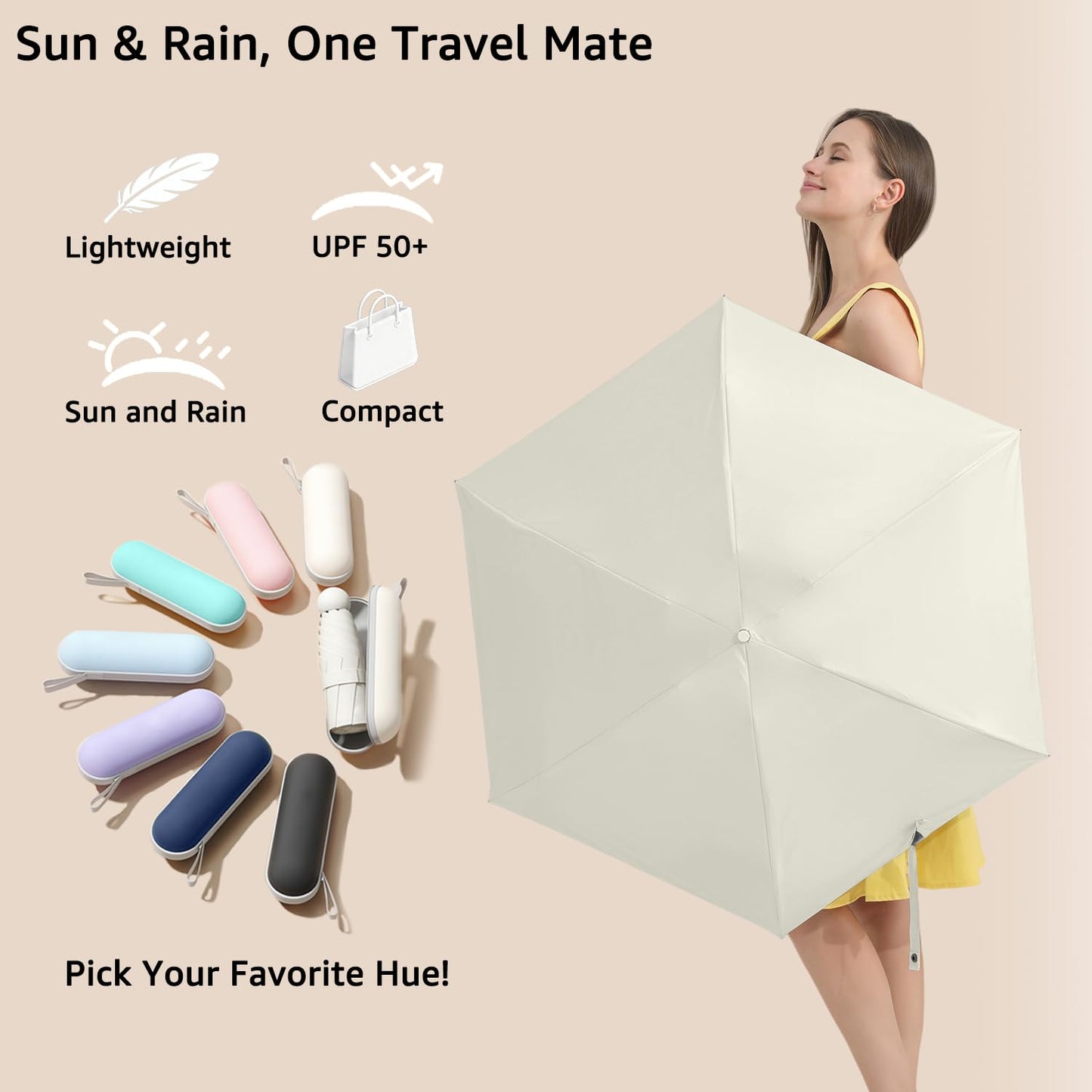 BAODINI Reiseutensilien Mini-Regenschirm für die Handtasche mit Etui Klein Kompakt UV-Sonnenschutz Leicht Winzig Tasche Manuelles Öffnen und Schließen Regenschirm für Damen, Kinder und Herren Passt in Handtasche Rucksack