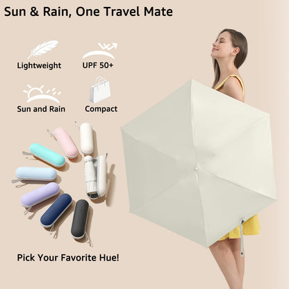 BAODINI Reiseutensilien Mini-Regenschirm für die Handtasche mit Etui Klein Kompakt UV-Sonnenschutz Leicht Winzig Tasche Manuelles Öffnen und Schließen Regenschirm für Damen, Kinder und Herren Passt in Handtasche Rucksack