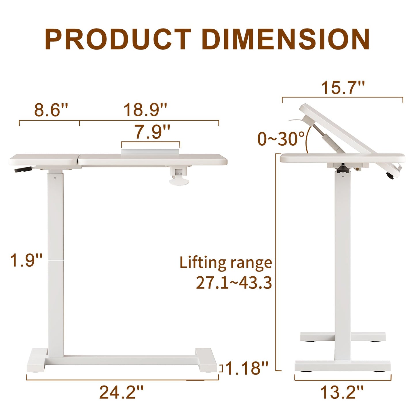 Solid Wood Overbed Bedside Table with Wheels, Tilting Adjustable Hospital Bed Table Over The Bed, Medical Mobile Laptop Stand, Rolling Standing Desk for Hospital and Home Use(Walnut)