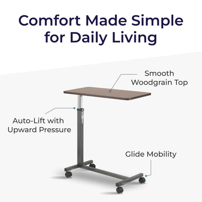 Drive Medical Overbed Table with Wheels - Secure Height Adjustment for Comfort - Non Tilt Surface - Smooth Rolling Design - Home & Hospital Use - Woodgrain Laminate Top - Silver Vein