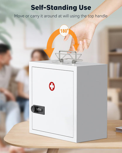 Uniclife Wall Mount Medicine Cabinet with Combination & Key Lock Locking First Aid Cabinet Lockable Medical Cabinet Large Capacity Medicine Organizer Secure Steel Wall Cabinet Metal Storage Box, White