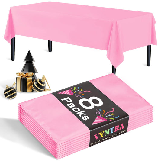 Vyntra Plastic Tablecloths, 8-Pack, 54 x 108 in, Rectangular, Pink - Disposable Party Table Covers for Valentine’s Day, Baby Shower, Bridal Shower