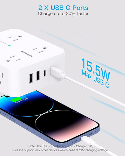 Surge Protector Power Bar - 8 Outlets 4 USB Charging Ports(2 USB C), Power Strip with 5Ft Braided Extension Cord, Flat Plug, Wall Mount Desk USB C Charging Station for Home Office College Essentials